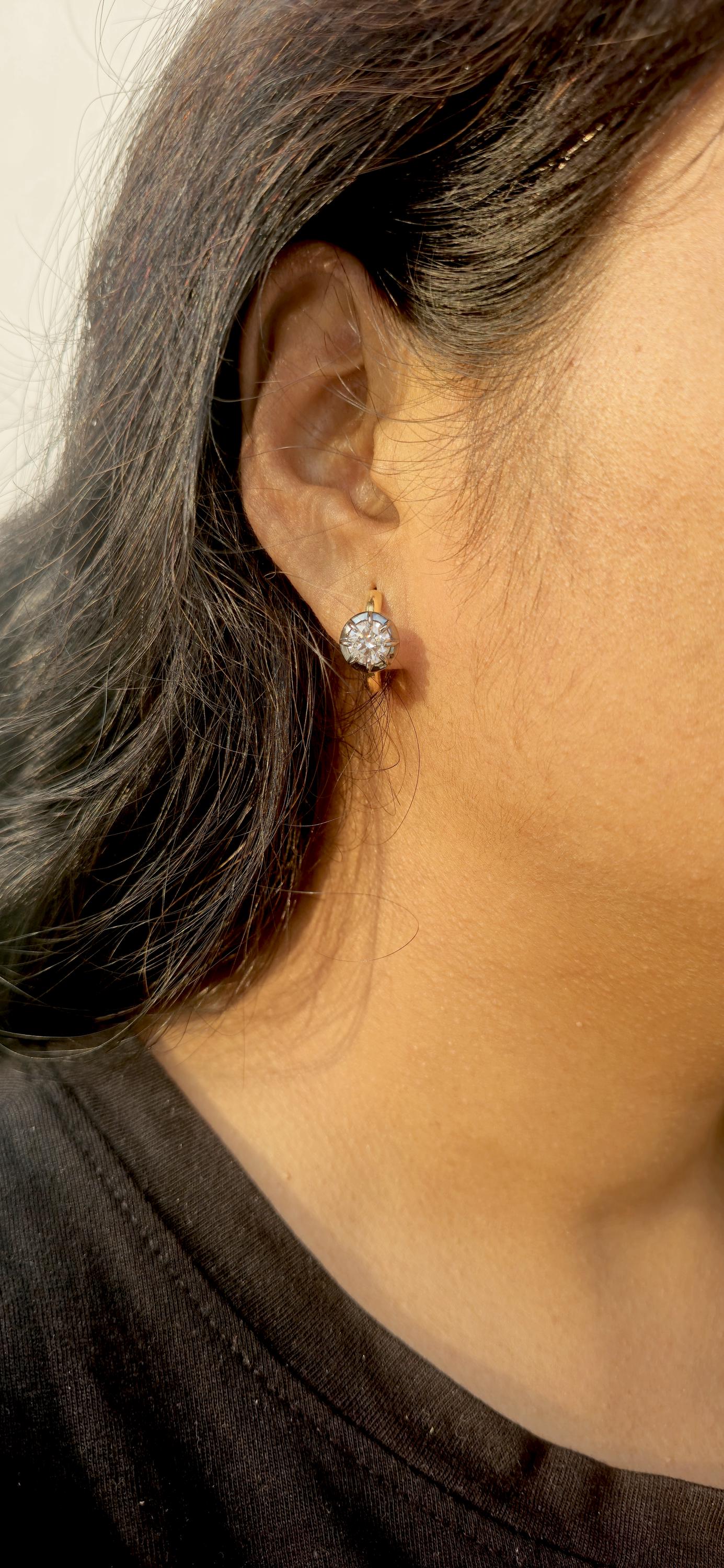 Georgian Victorian Style Lab Grown Diamond Hoops, Georgian cut down Button back blackened gold huggie, Wedding Earring.