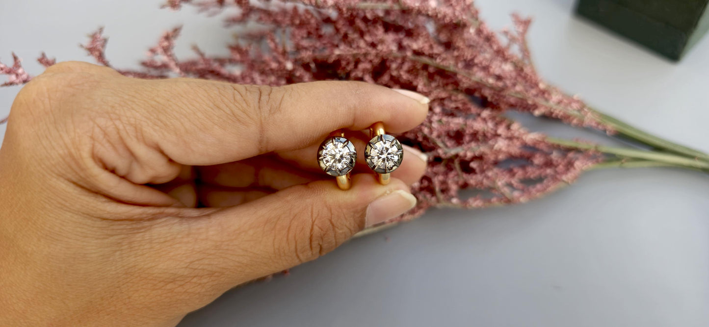Georgian Victorian Style Lab Grown Diamond Hoops, Georgian cut down Button back blackened gold huggie, Wedding Earring.