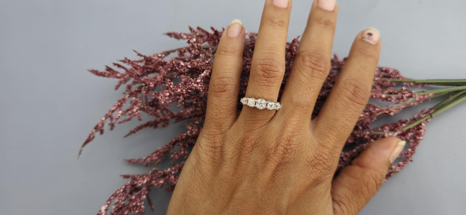 5 stone graduated OMC Old Mine Cut Cushion Moissanite ring, Anniversary Band, Anniversary gift for wife, ring for her, Right-hand ring