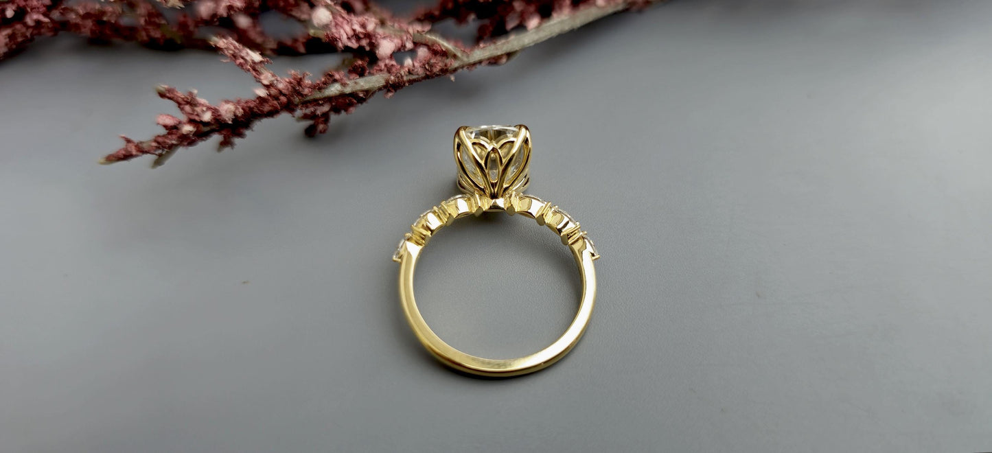 Elongated Cushion Cut Moissanite Tulip basket set with side marquise pave on band Engagement Ring, Proposal ring, ring gift for her