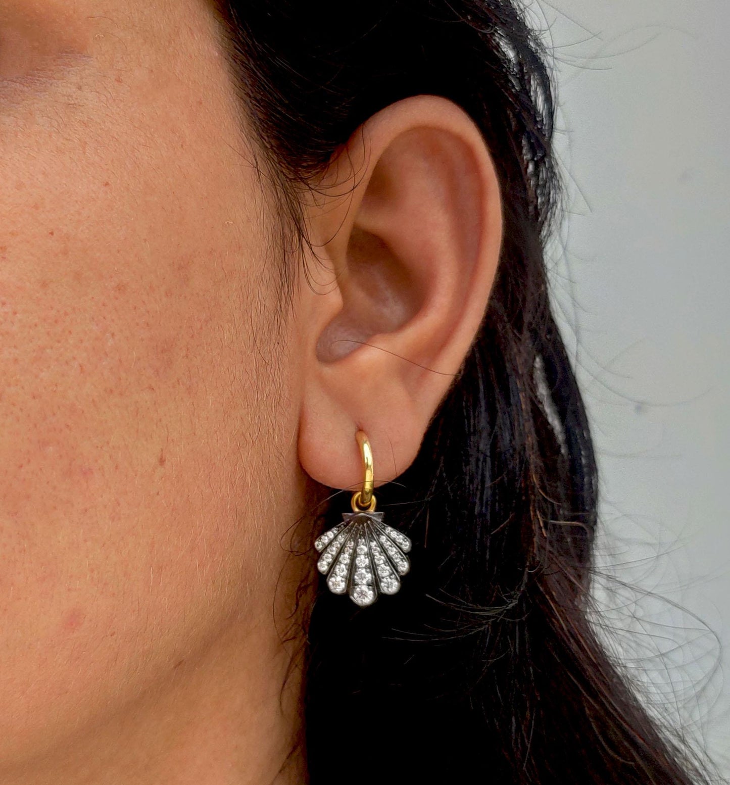 Lab grown diamond Shell shaped Georgian cut down button back set earrings, Huggie for women, earrings for women