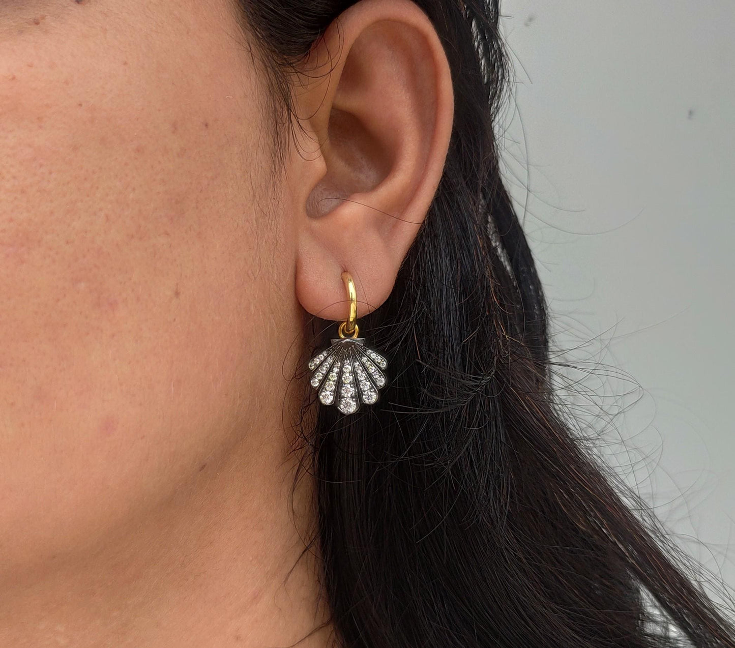 Lab grown diamond Shell shaped Georgian cut down button back set earrings, Huggie for women, earrings for women