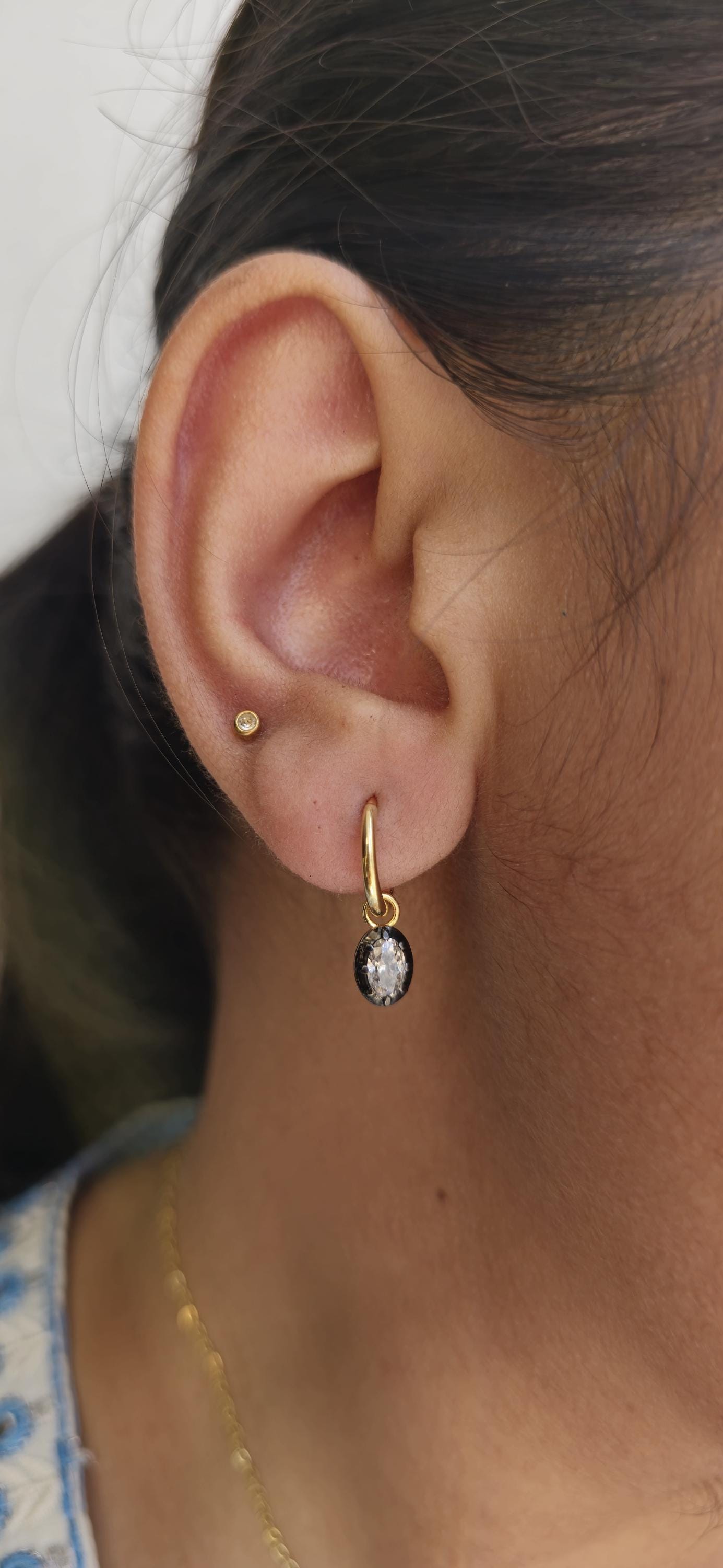 Oval Moissanite button back Georgian cut down Gypset huggie, removable hoops, statement earring, blackened gold earrings.