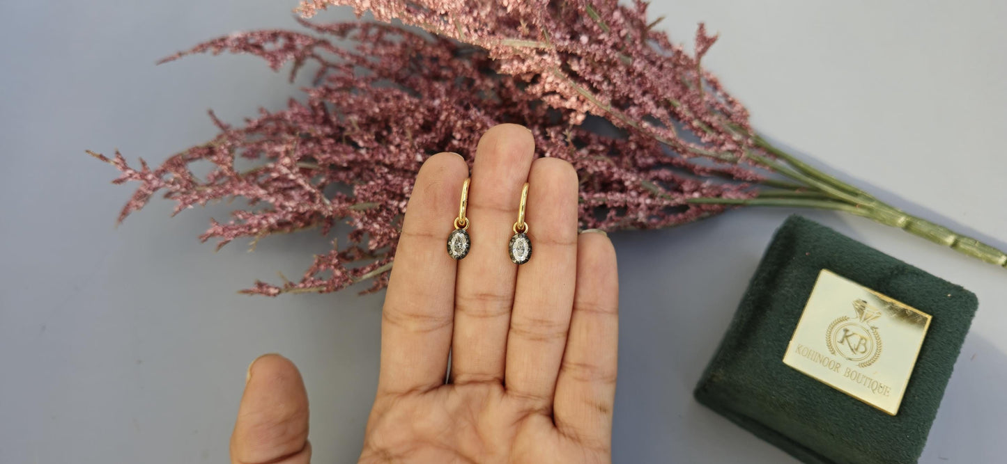 Oval Moissanite button back Georgian cut down Gypset huggie, removable hoops, statement earring, blackened gold earrings.