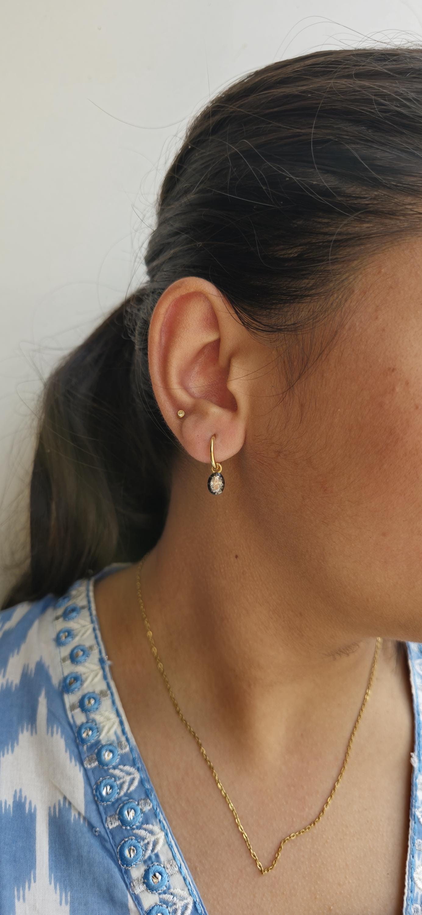 Oval Moissanite button back Georgian cut down Gypset huggie, removable hoops, statement earring, blackened gold earrings.