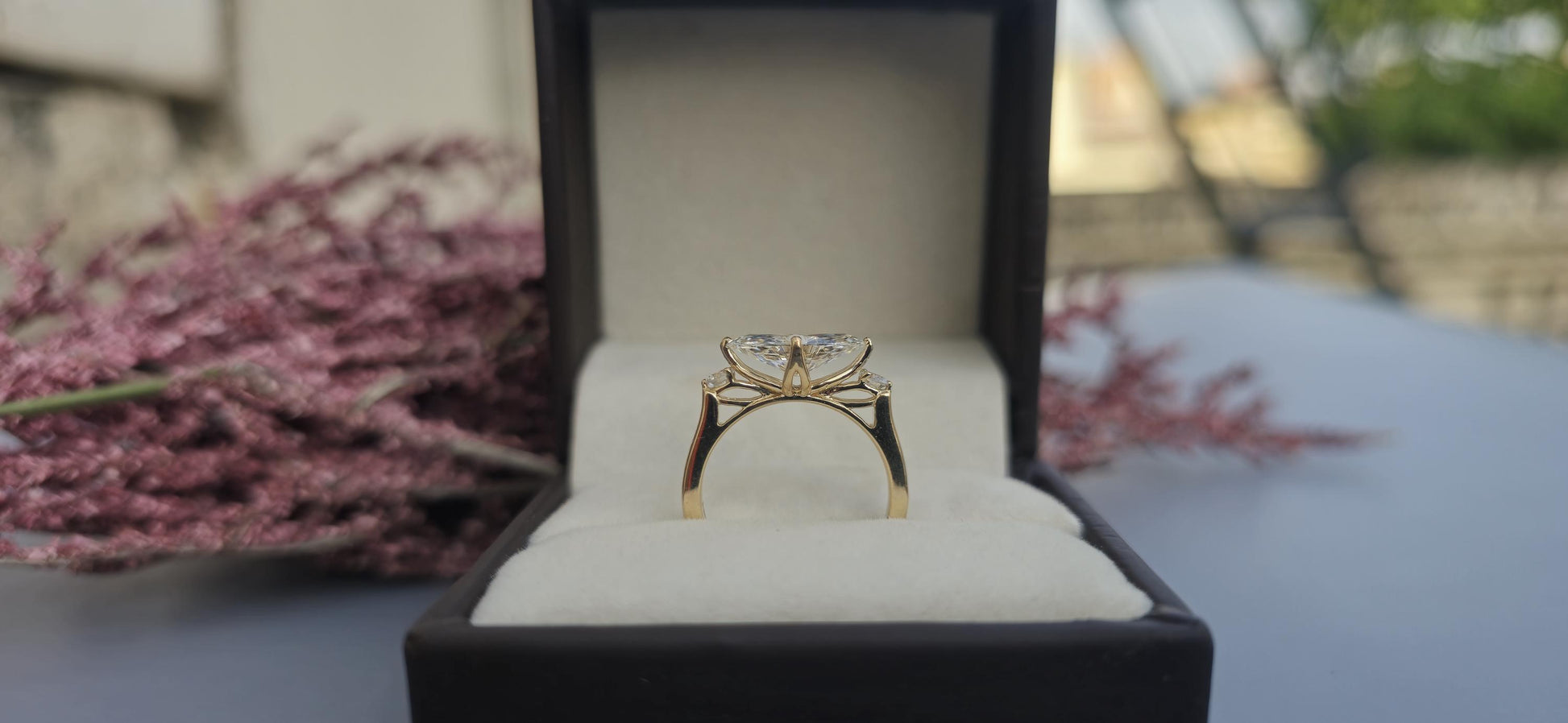 Tulip basket set Marquise moissanite 3 stone ring engagement ring, Ring for her, travel ring, ring for women