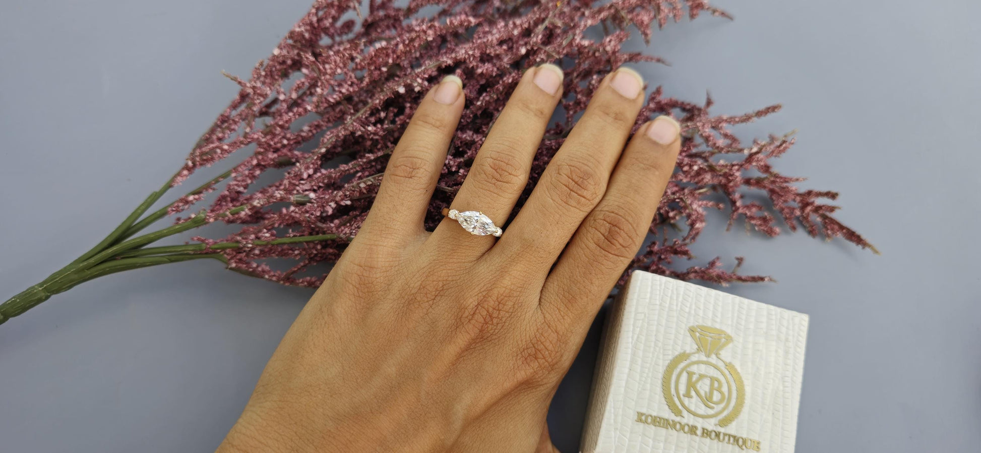 Tulip basket set Marquise moissanite 3 stone ring engagement ring, Ring for her, travel ring, ring for women