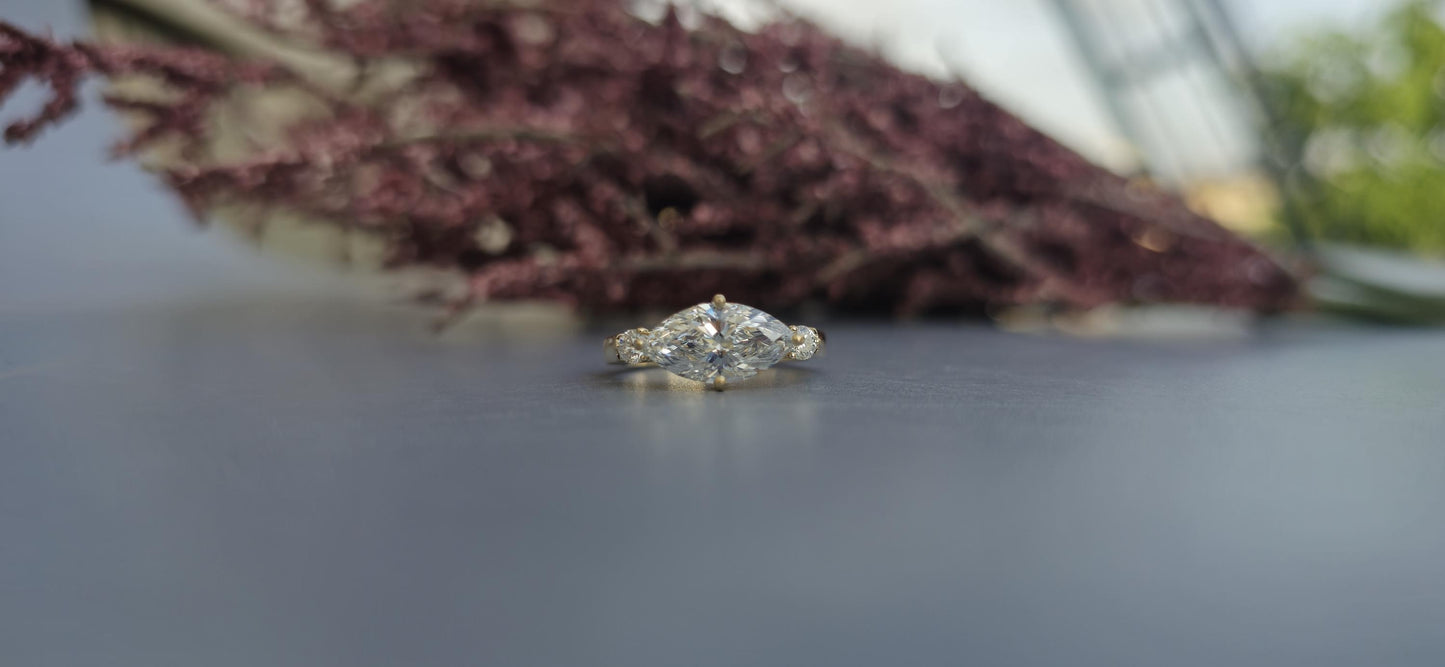 Tulip basket set Marquise moissanite 3 stone ring engagement ring, Ring for her, travel ring, ring for women