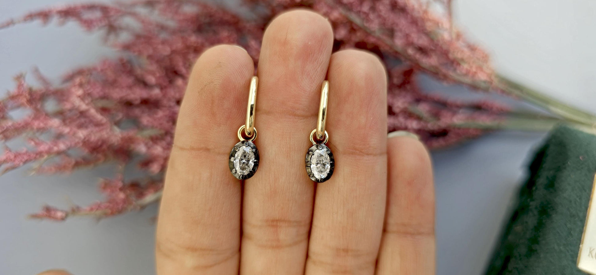 Oval Moissanite button back Georgian cut down Gypset huggie, removable hoops, statement earring, blackened gold earrings.