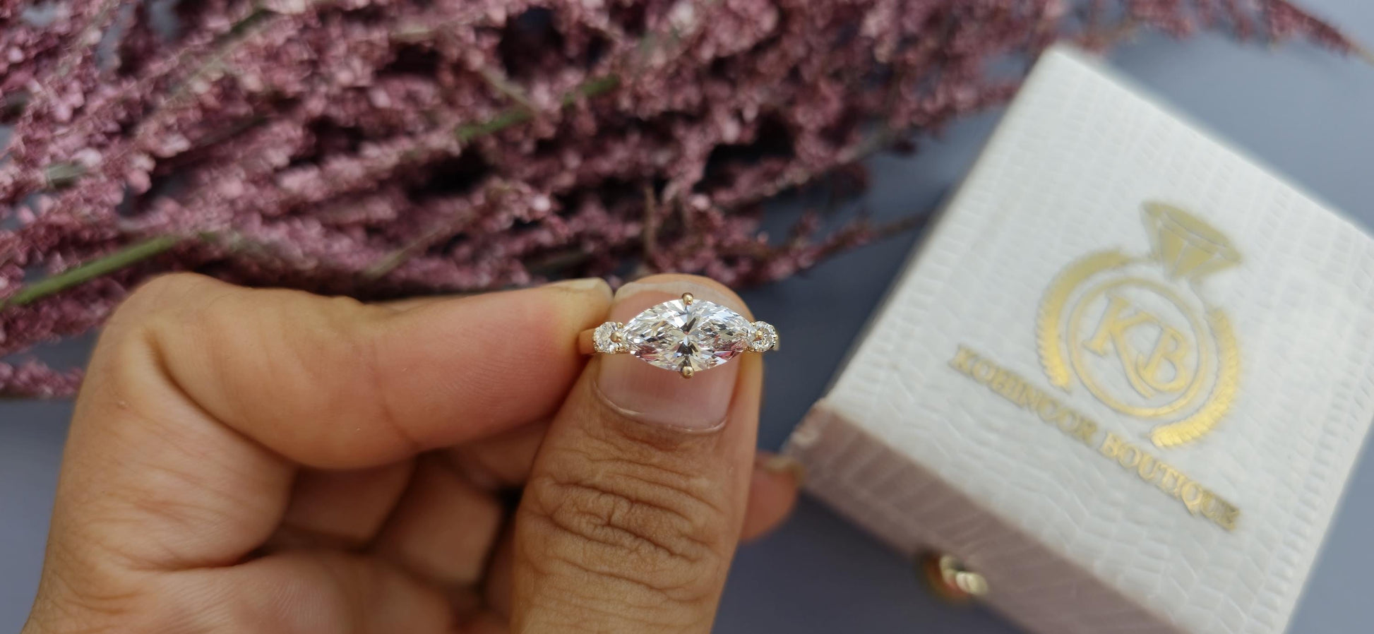 Tulip basket set Marquise moissanite 3 stone ring engagement ring, Ring for her, travel ring, ring for women