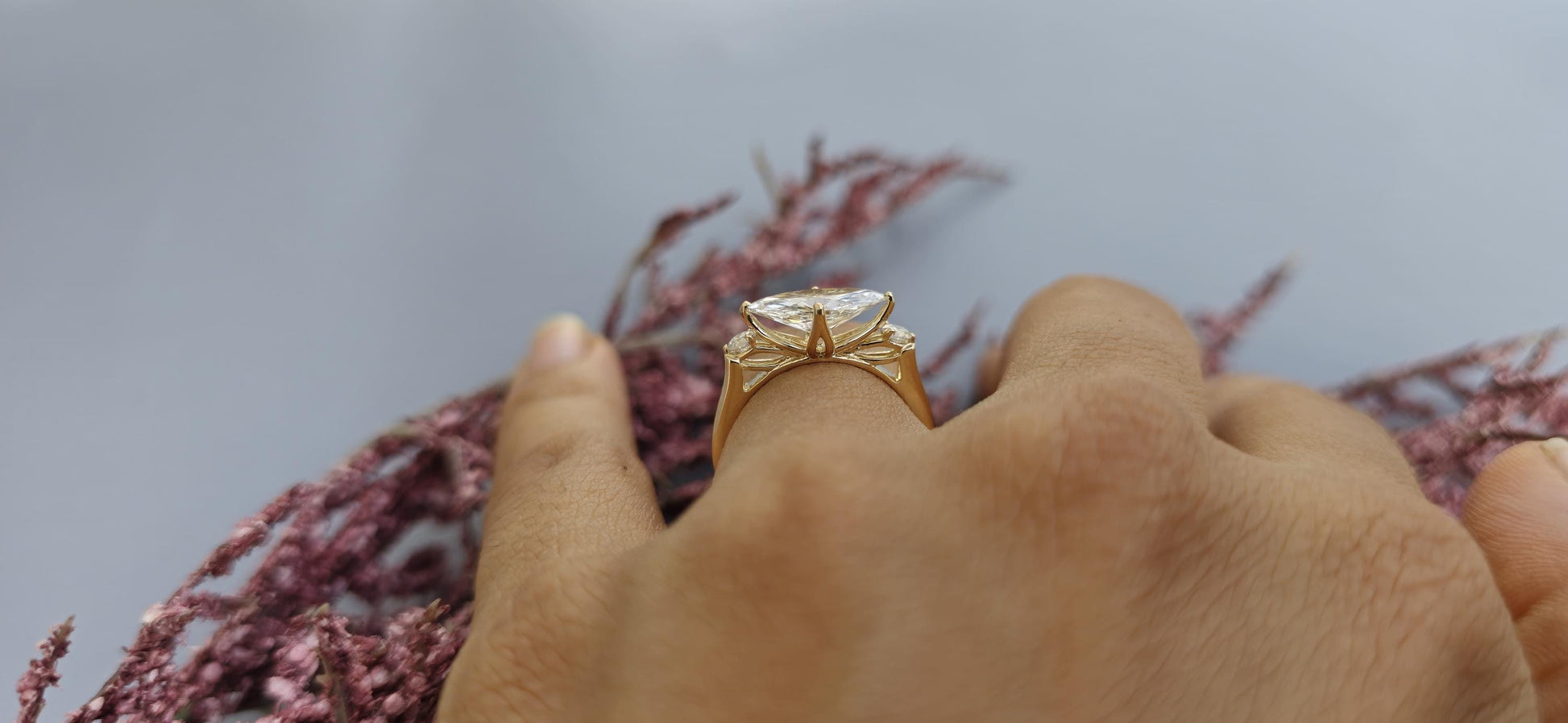 Tulip basket set Marquise moissanite 3 stone ring engagement ring, Ring for her, travel ring, ring for women