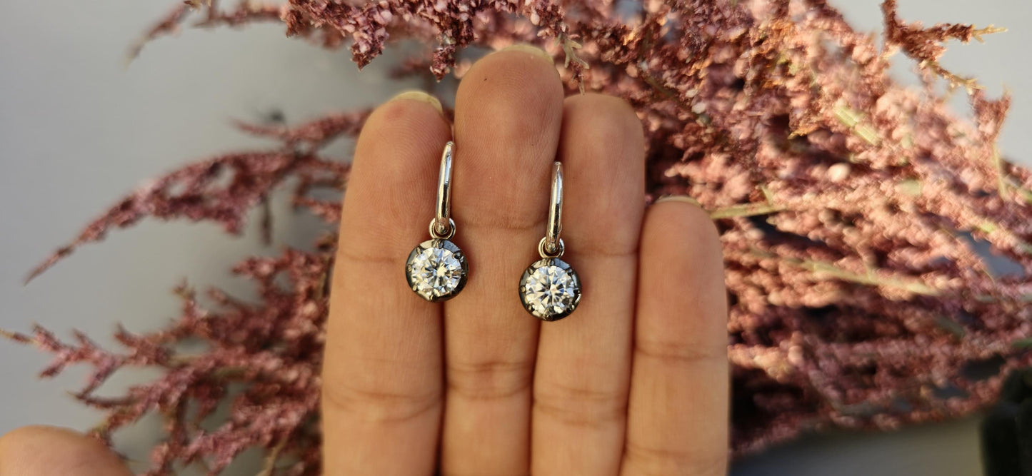 Round Moissanite button back Georgian cut down Gypset huggie, removable hoops, statement earring, blackened gold earrings.
