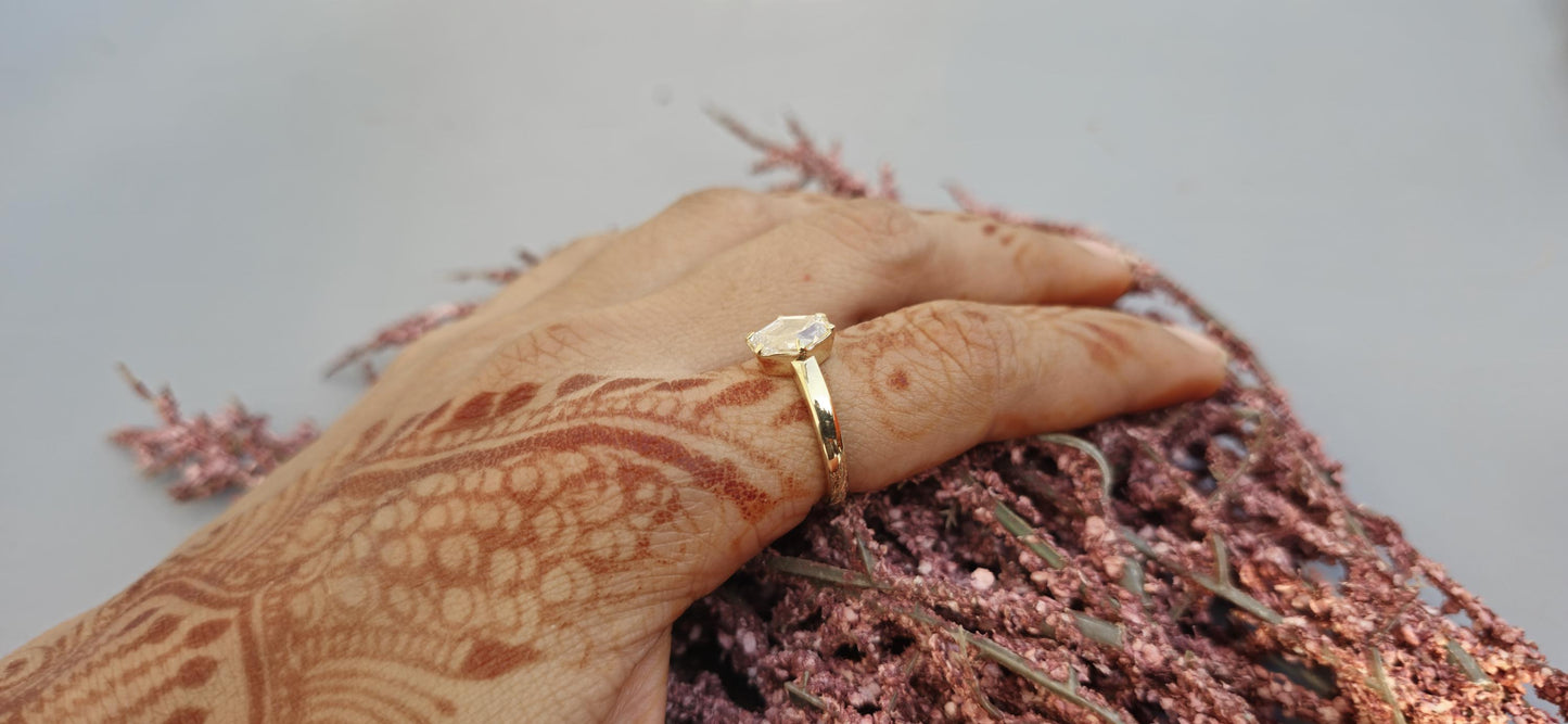 One of a kind Elongated Hexagon shaped Bezel set with Moissanite Solitaire Engagement ring, ring for women, proposal ring