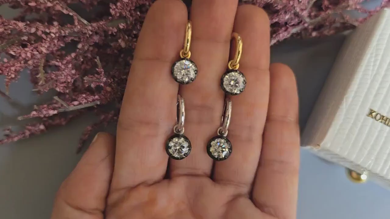 Round Moissanite button back Georgian cut down Gypset huggie, removable hoops, statement earring, blackened gold earrings.