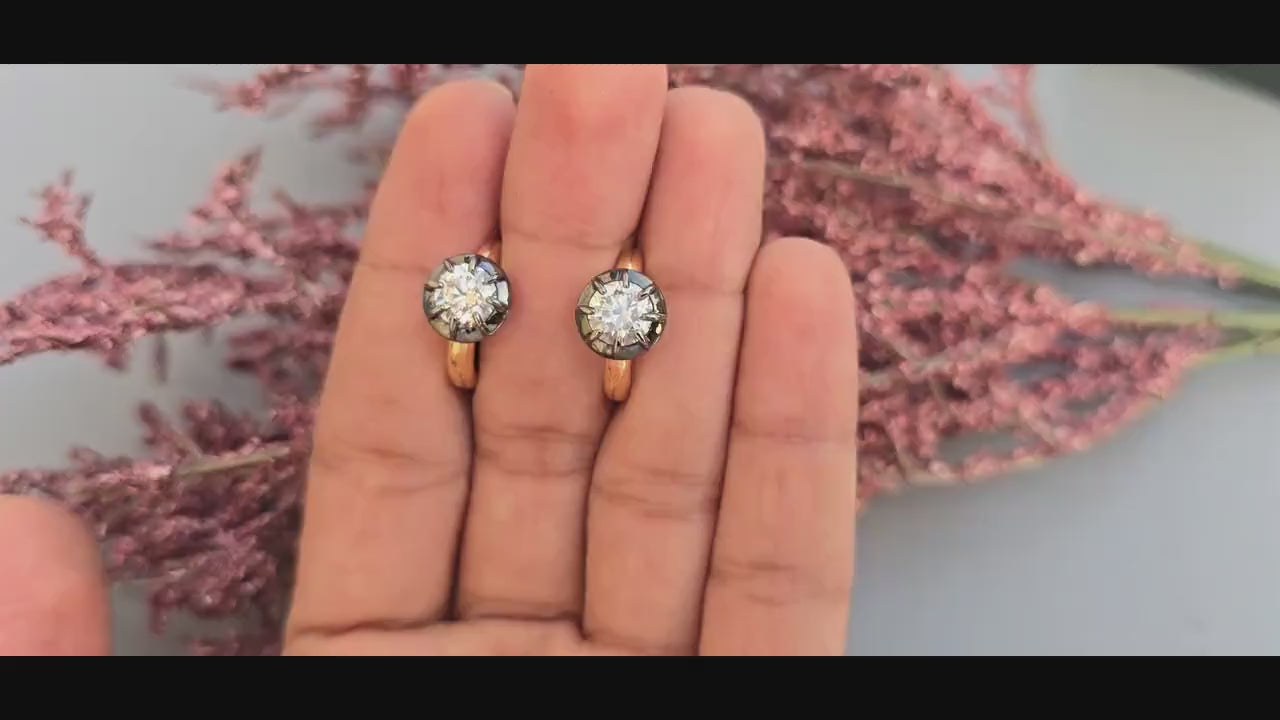 Georgian Victorian Style Lab Grown Diamond Hoops, Georgian cut down Button back blackened gold huggie, Wedding Earring.