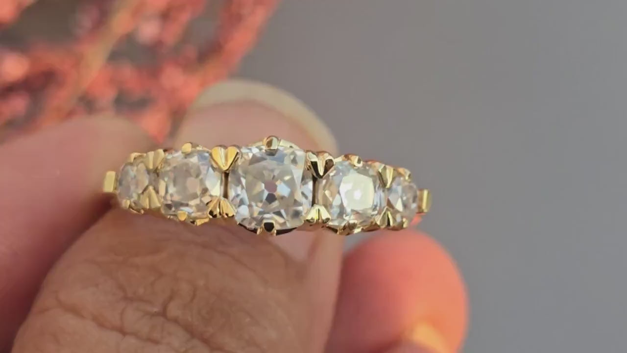 5 stone graduated OMC Old Mine Cut Cushion Moissanite ring, Anniversary Band, Anniversary gift for wife, ring for her, Right-hand ring