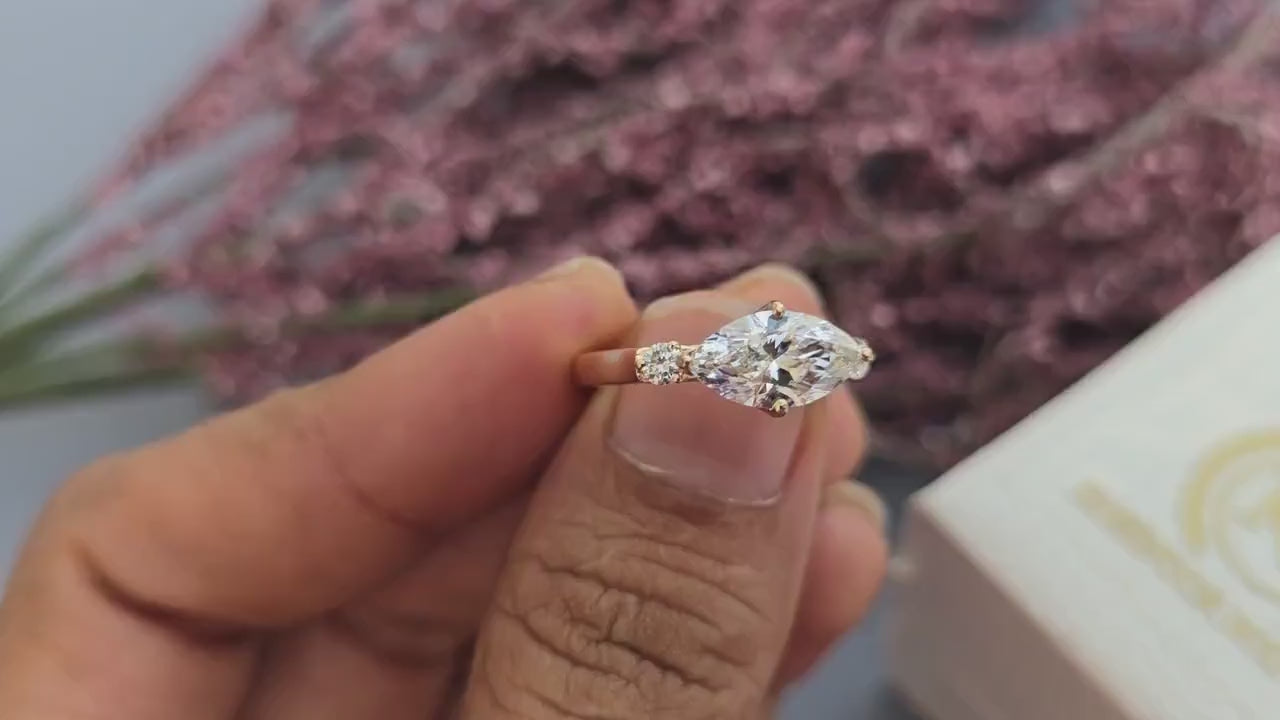 Tulip basket set Marquise moissanite 3 stone ring engagement ring, Ring for her, travel ring, ring for women