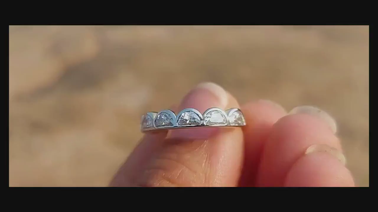 Half Moon Bezel Lace moissanite wedding band,Half eternity ring, Full eternity ring, stackable minimalist ring in White\Yellow\Rose Gold