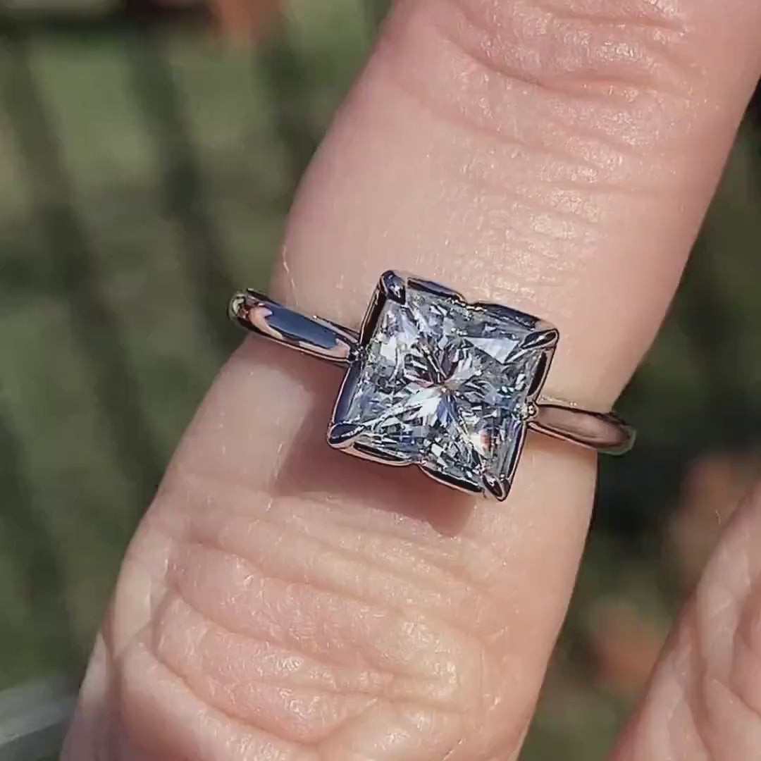 Tulip Lotus Prong Princess cut SGL certified Lab grown Solitaire Engagement Ring, flower basket  Promise\proposal Ring.