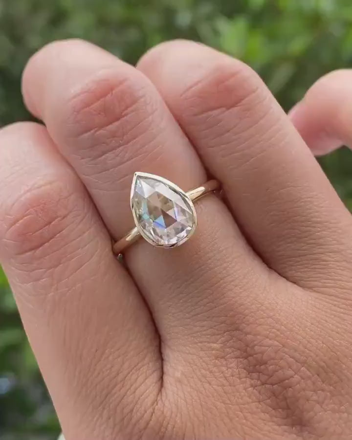 Bezel Set Rose Cut Pear Moissanite Solitaire Engagement ring, Low profile set ring, Gift Ring for her, Vintage cut ring, tear drop ring.
