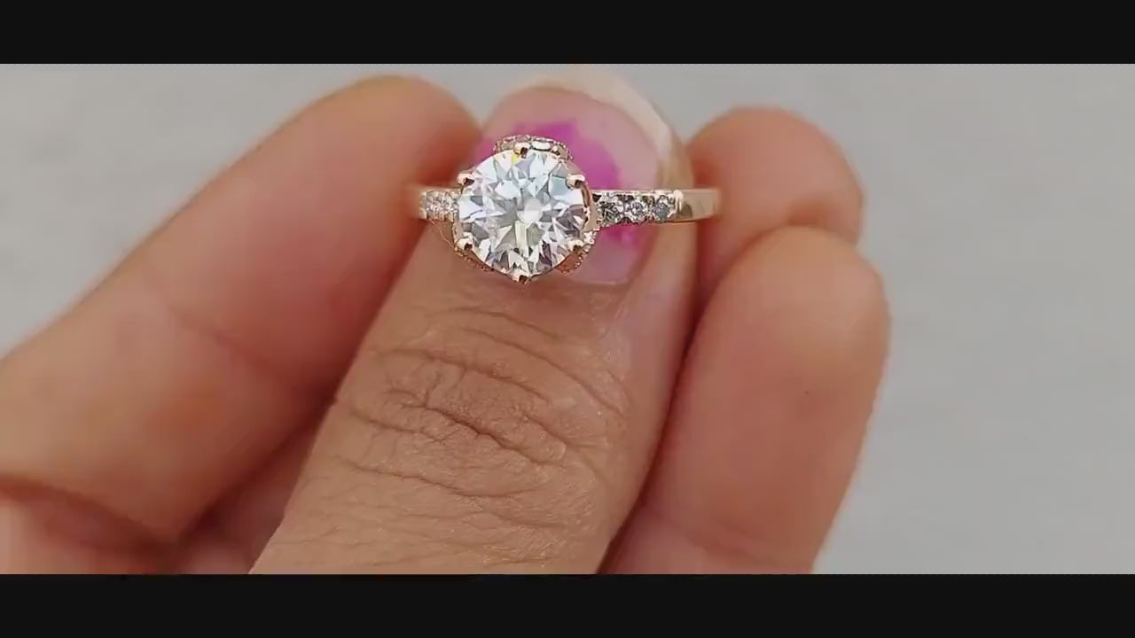 Tulip Pave basket Round  with French Pave Band Moissanite Solitaire Engagement Ring, Lotus Prong with flower basket Promise\proposal Ring.