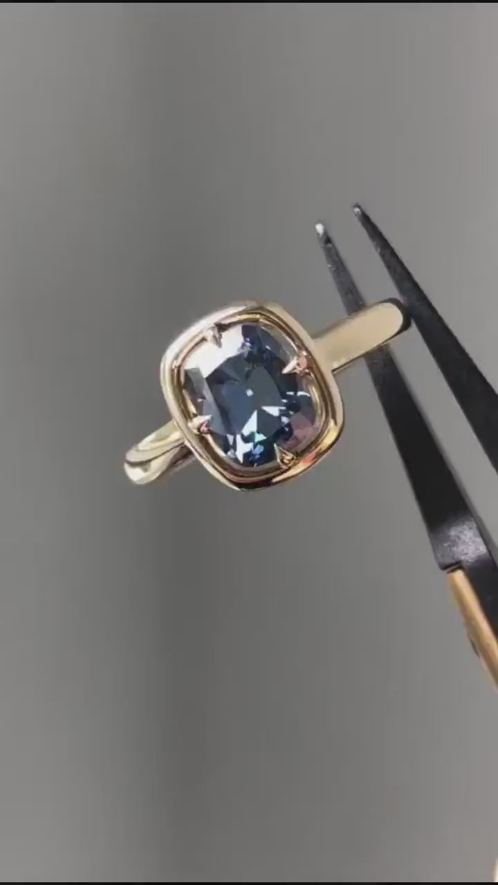 Blue Old Mine Cushion Cut OMC Bezel Georgian Cut down set, Moissanite Solitaire Engagement Ring, ring for her, gift for her, ring for women.