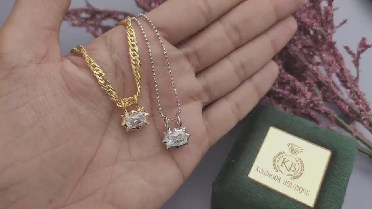 East west Set Elongated Cushion Cut Moissanite Pendant, Collet set Georgian cut down set button back pendant without chain, Wedding Pendant