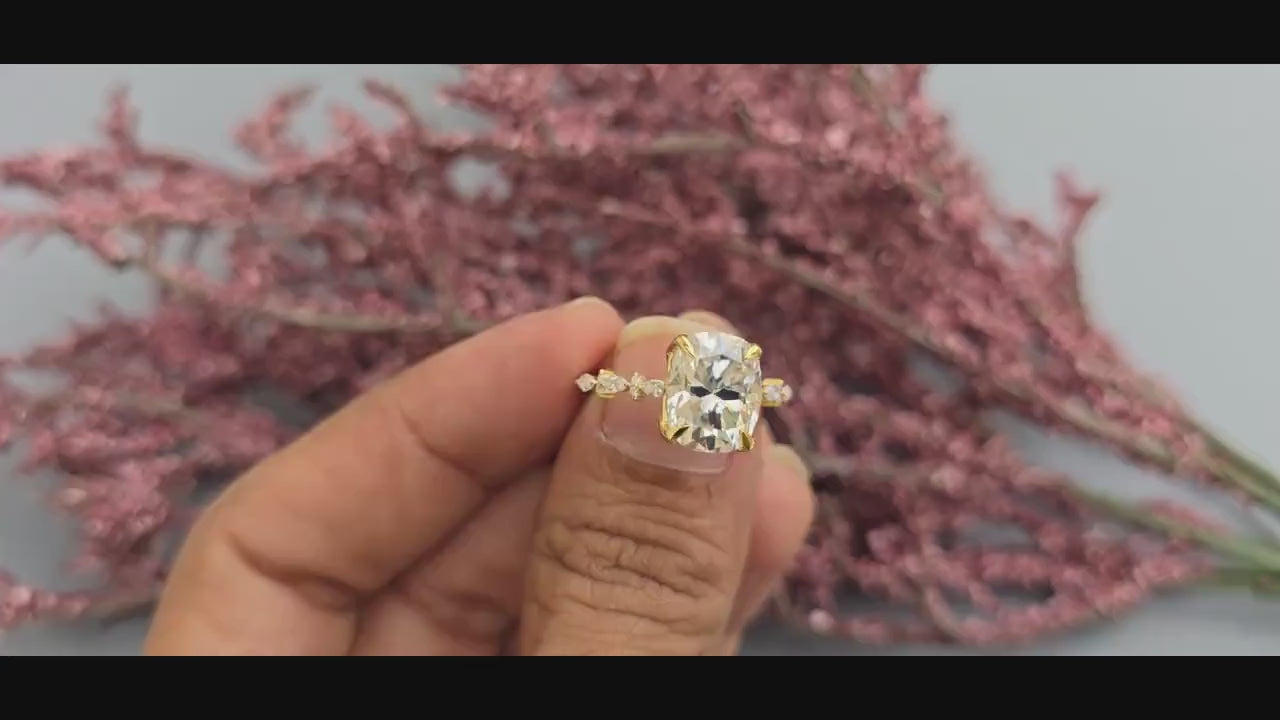 Elongated Cushion Cut Moissanite Tulip basket set with side marquise pave on band Engagement Ring, Proposal ring, ring gift for her