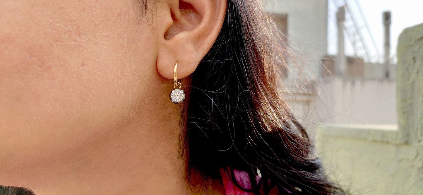 Old European Cut OEC Round Moissanite button back Georgian cut down Gypset, statement earring, blackened gold earrings.