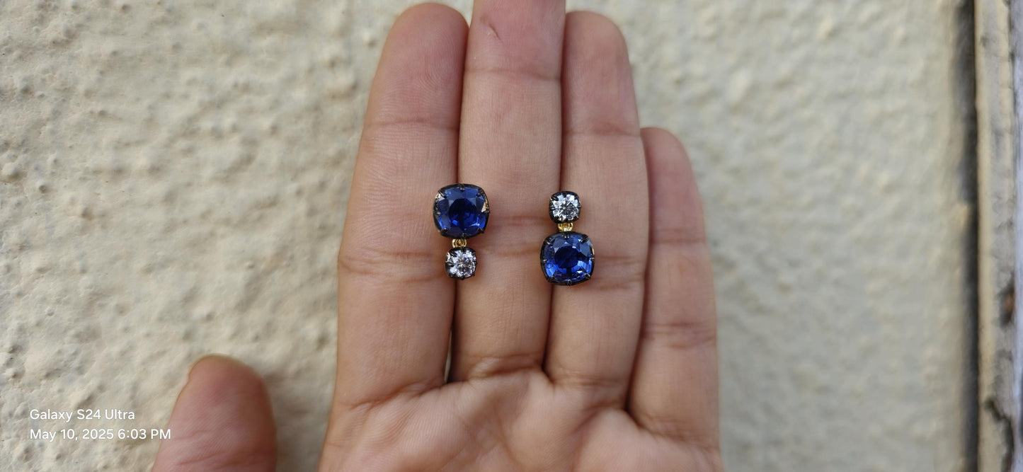 Georgian cut down button back set cushion moissanite and lab grown sapphire earrings, Asymmetrical earrings