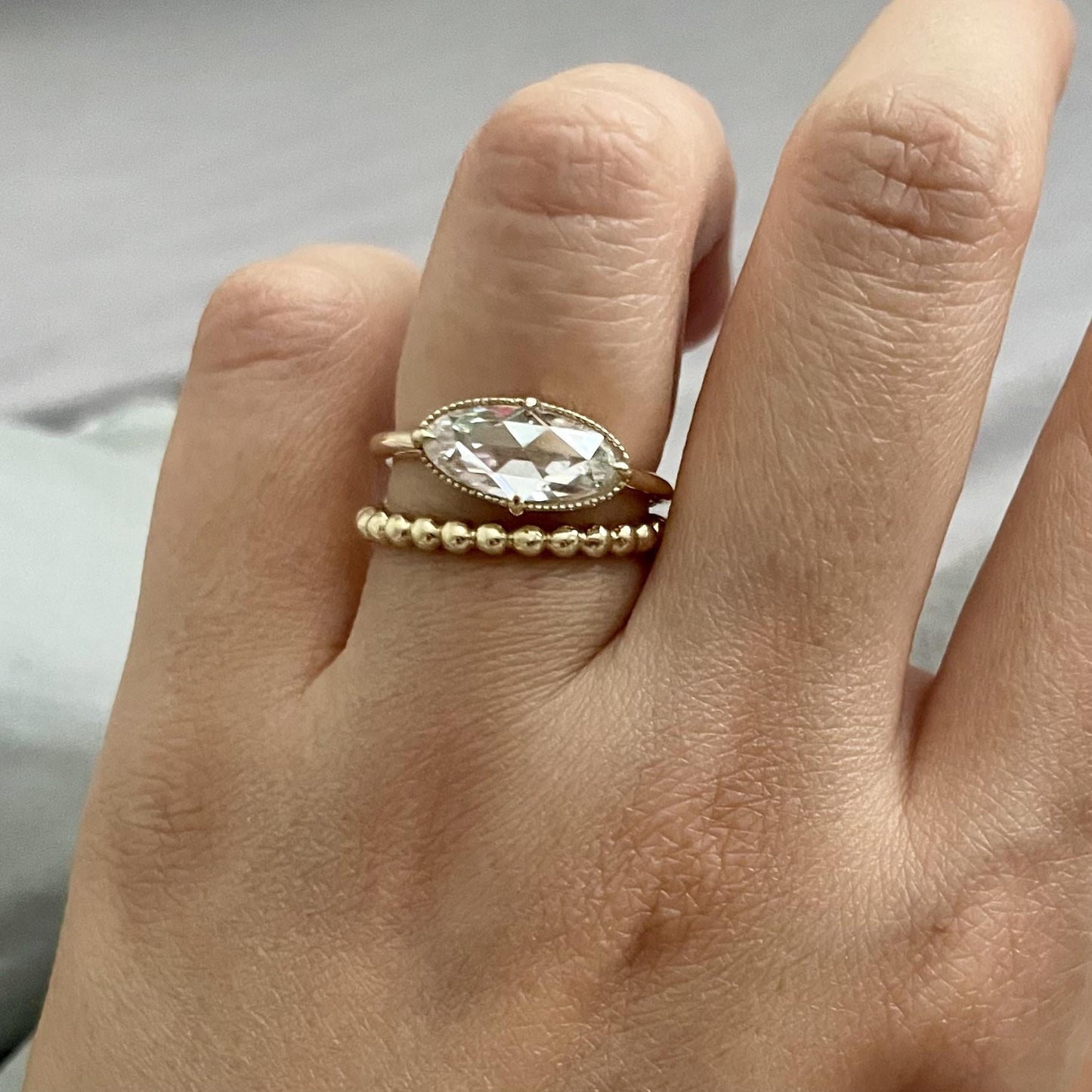 Rose cut Oval\Moval cut East West Set Moissanite Solitaire Engagement Ring, Promise\Proposal Ring with 18k\14k\10k White\Yellow\Rose Gold