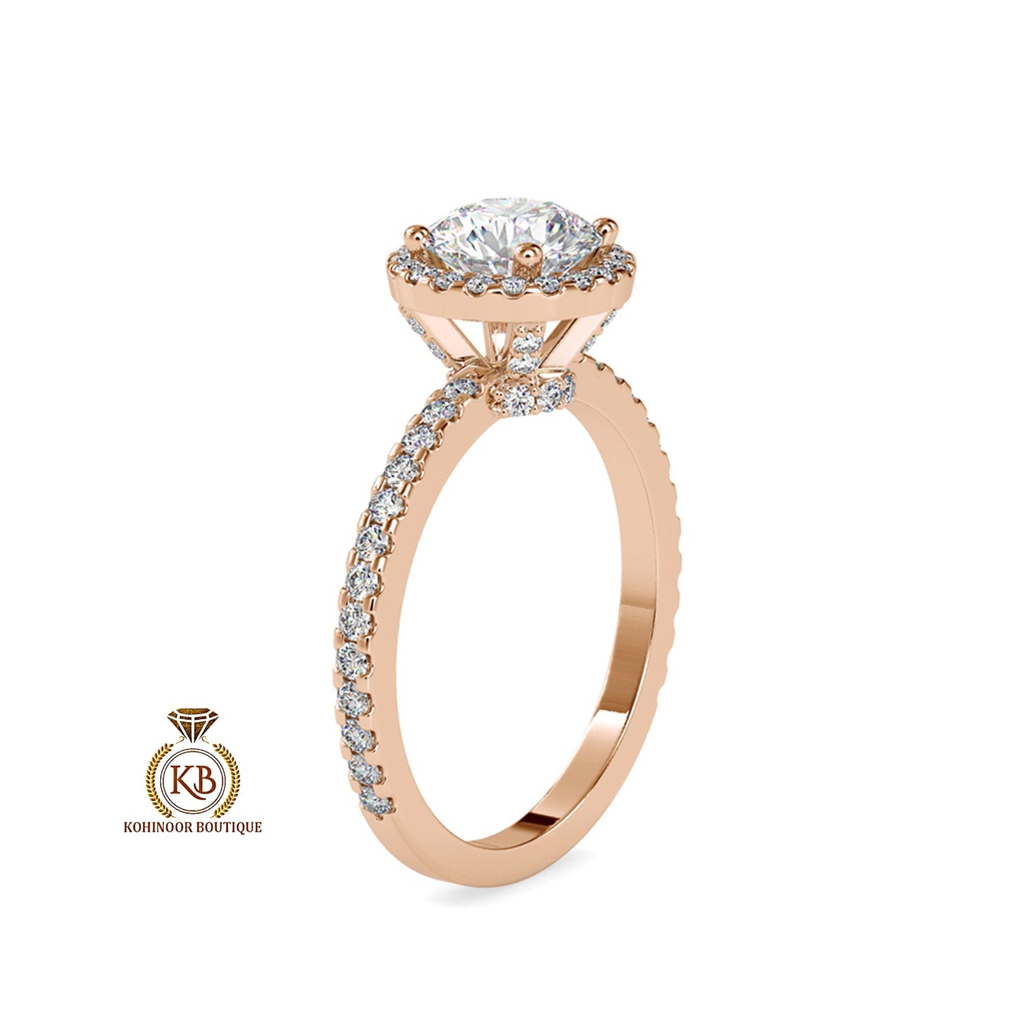 Round Cut Moissanite Double Halo with Under Halo, side U cut pave band with pave basket Engagement ring.