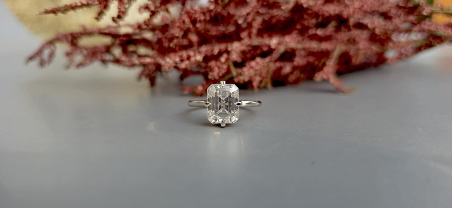 Emerald cut Moissanite Compass prong Basket set solitaire Engagement Ring for women, promise Proposal Ring, ring for her, gift for women