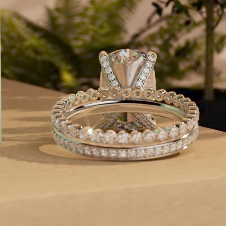 Elongated Cushion Cut Pave Basket Moissanite Engagement Ring, Wedding Bridal Set, Anniversary gift for wife, Ring for women