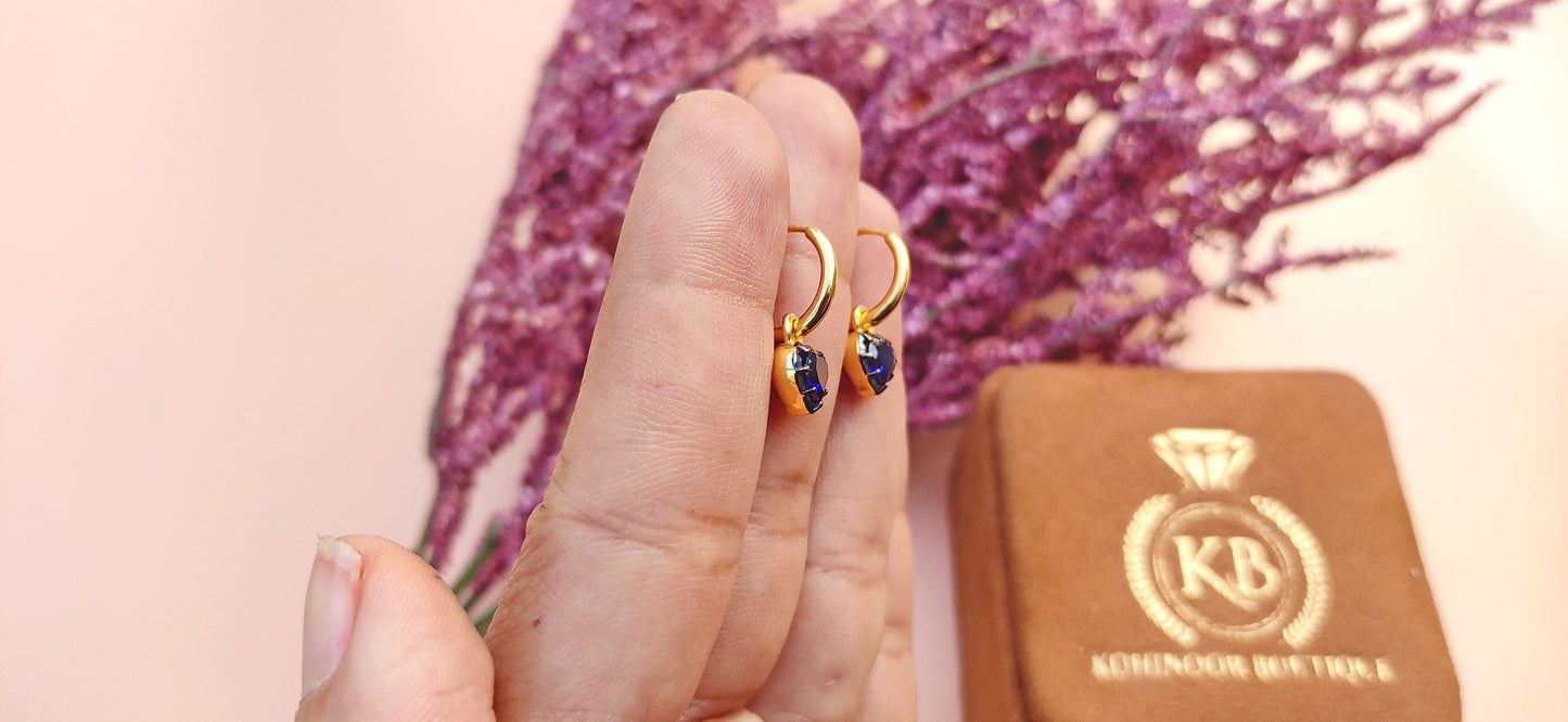 Heart Shaped Lab Blue sapphire button back Georgian cut down removable Gypset, sapphire Hoops, statement earring, blackened gold earrings.