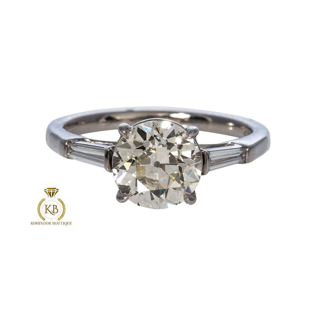 Old European Cut & Tapered Baguette OEC moissanite Three stone Engagement ring, ring for her, gift for women.