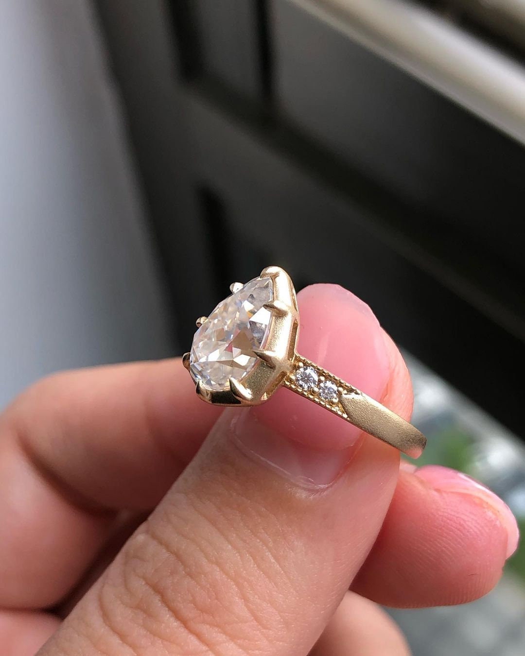 Pear Georgian Cut Down Moissanite Solitaire Engagement Ring, also available in button back setting