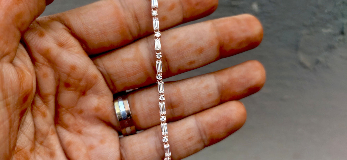 Ready to ship Moissanite Baguette & Round Tennis Bracelet in 7 inch size and in 10k rose gold, Birthday Gift for girls\women