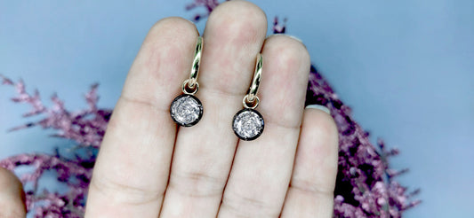 Round CZ Cubic Zirconia button back Georgian cut down Gypset huggie, removable hoops, statement earring, blackened gold earrings.