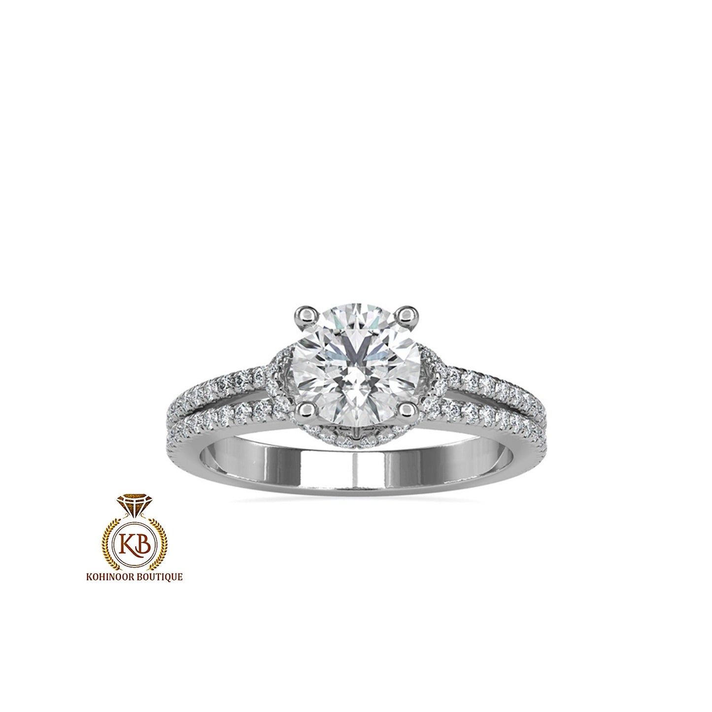 Round Solitaire with side U cut double pave with collar , plunge halo Moissanite Engagement ring, rings for women, ring for her.
