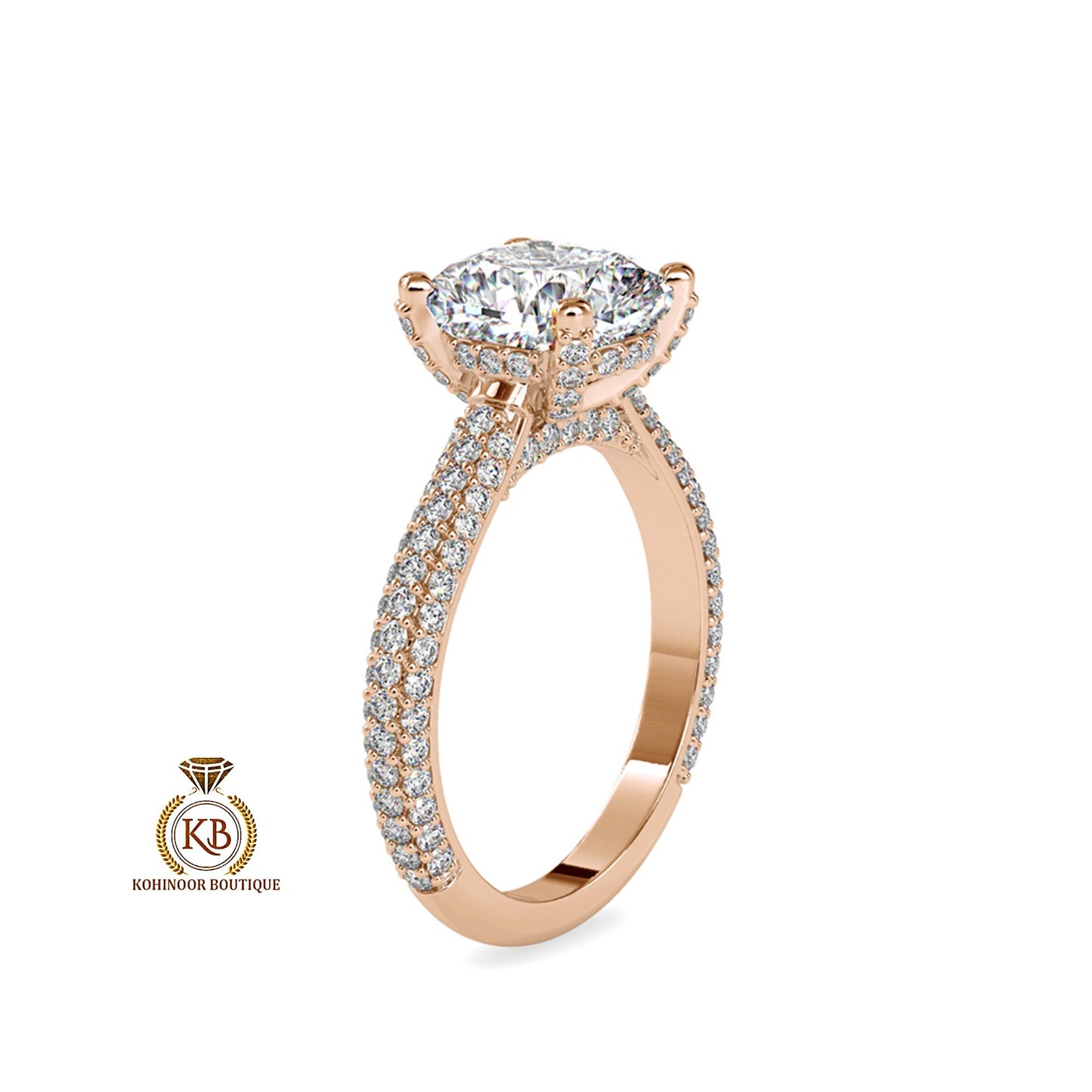 Cathedral Set Cushion Cut Moissanite with Pave Basket ,Under Halo and 3 side pave band Engagement ring, ring for women,High profile set ring