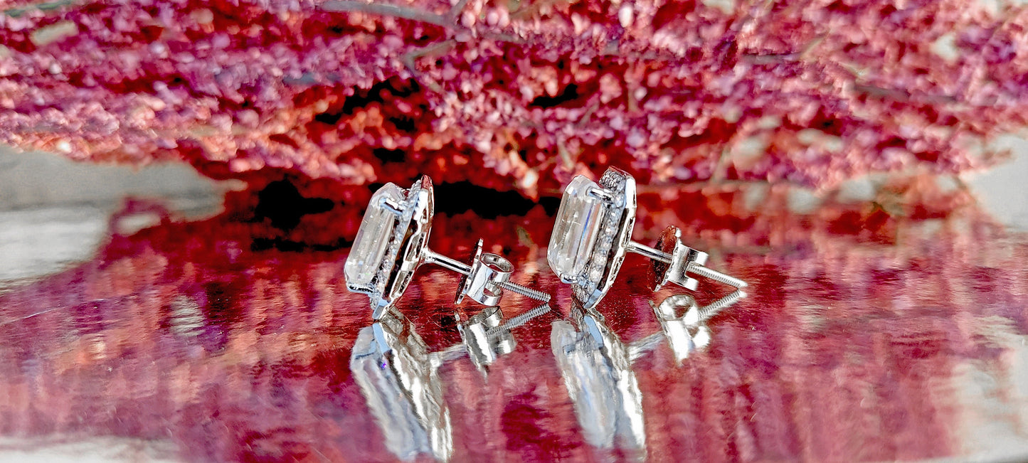 Emerald Cut Solitaire Moissanite Halo Stud Earrings,Moissanite Wedding Earrings,Push\Push Back Earrings,Anniversary Mother's Day Gift