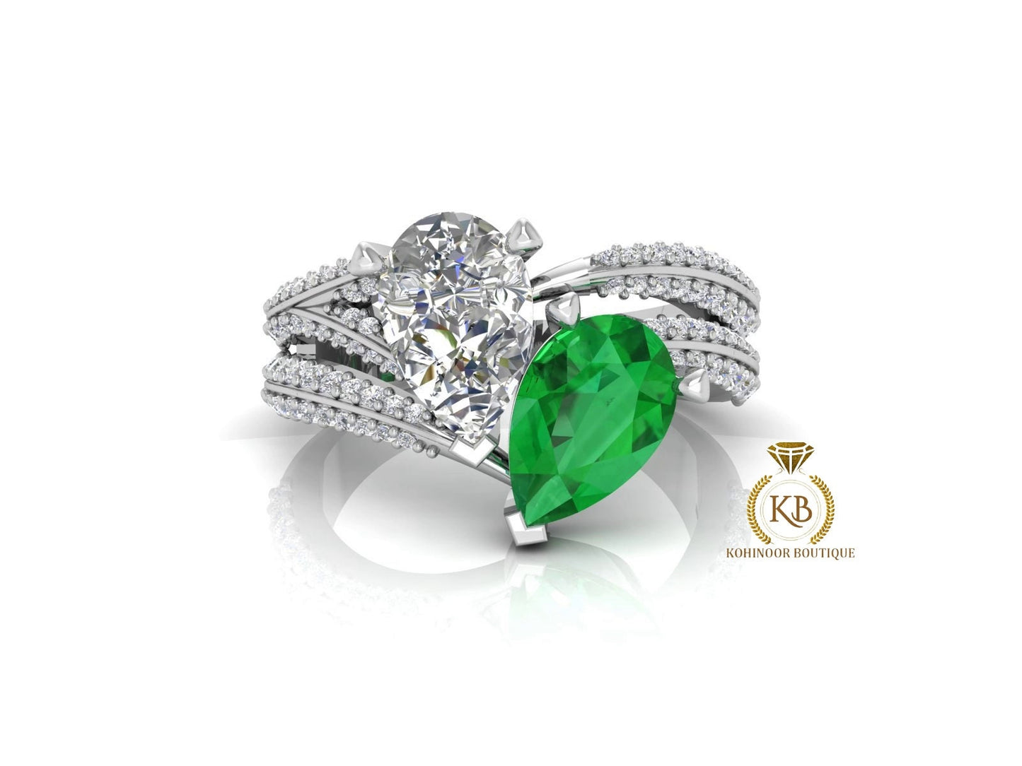 Pear Moissanite & Emerald Toi Et Moi moissanite two stone Engagement Ring, wedding\proposal Ring, gift for her,