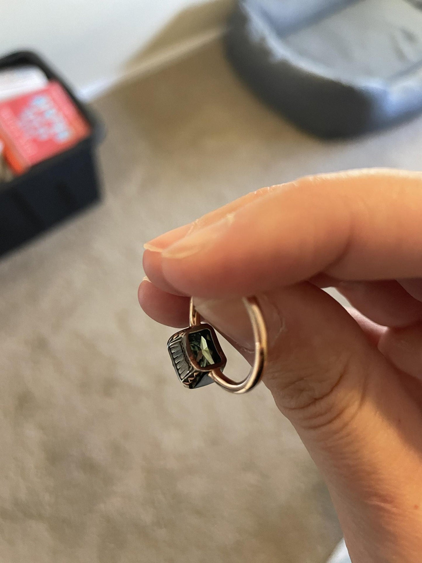 Green Radiant Cut Moissanite East West Georgian Style Bezel Set Solitaire ring, ring for women, Unique ring for her, statement ring