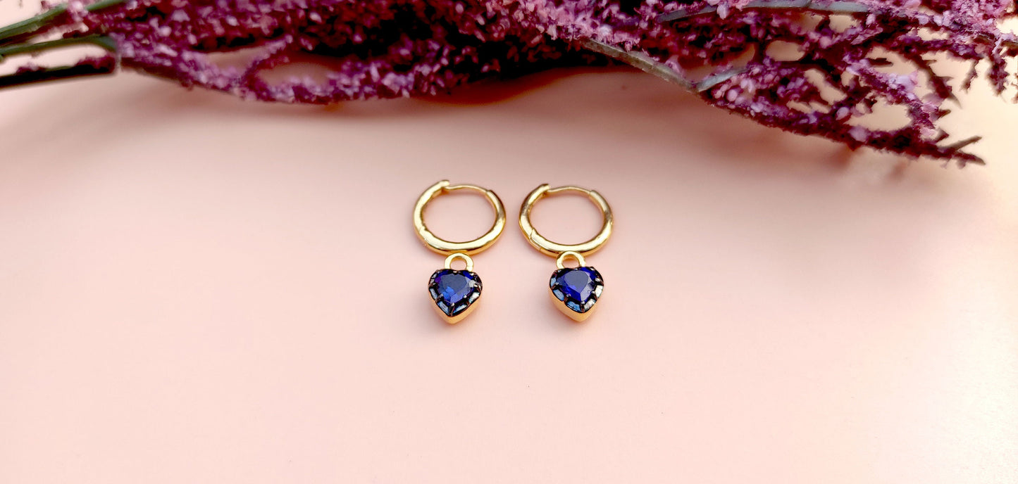 Heart Shaped Lab Blue sapphire button back Georgian cut down removable Gypset, sapphire Hoops, statement earring, blackened gold earrings.