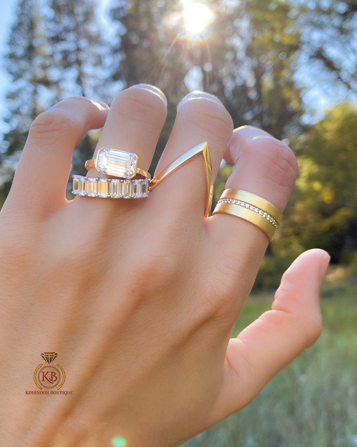 Emerald Cut Moissanite Half Bezel Engagement\Bridal\Propose\Promise\Wedding Ring in White\Yellow\Rose Gold