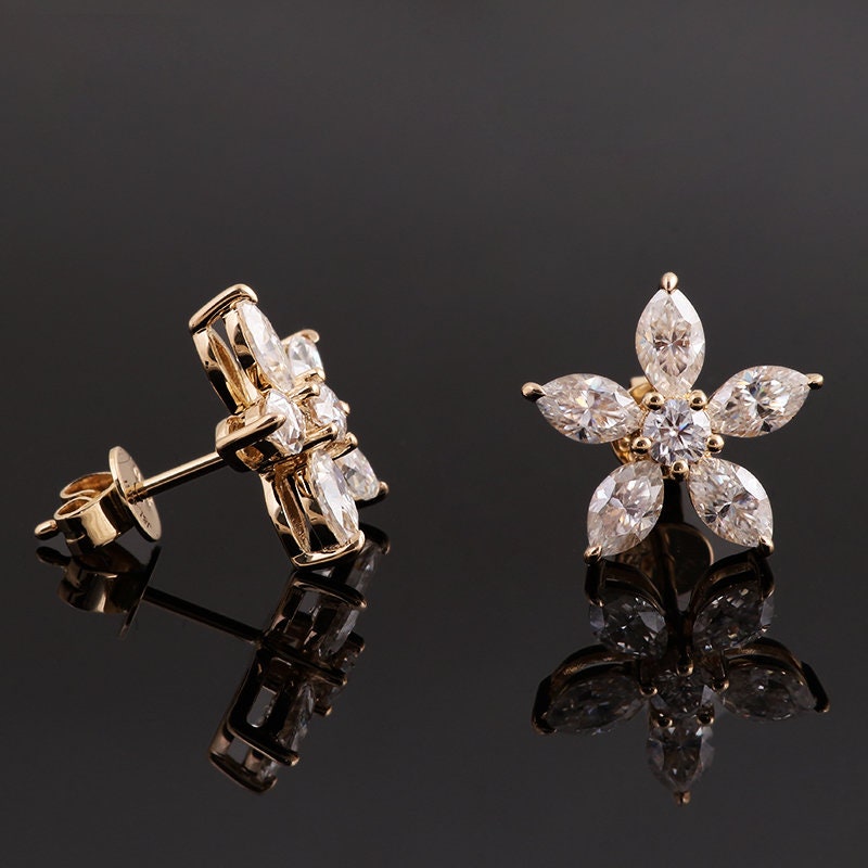 Marquise Cut Flower Petal Moissanite Stud Earrings, Moissanite Wedding Earrings, Push Back Earrings, Anniversary Gift, Mother's Day Gift