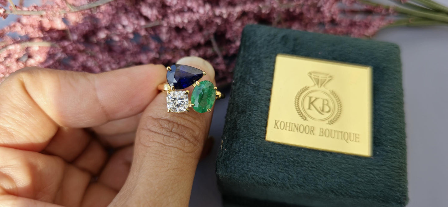 Natural Emerald Oval, Natural Sapphire Pear and Lab grown Cushion Diamond Trilogy 3 stone Engagement Ring, Ring for her, Gift for Her