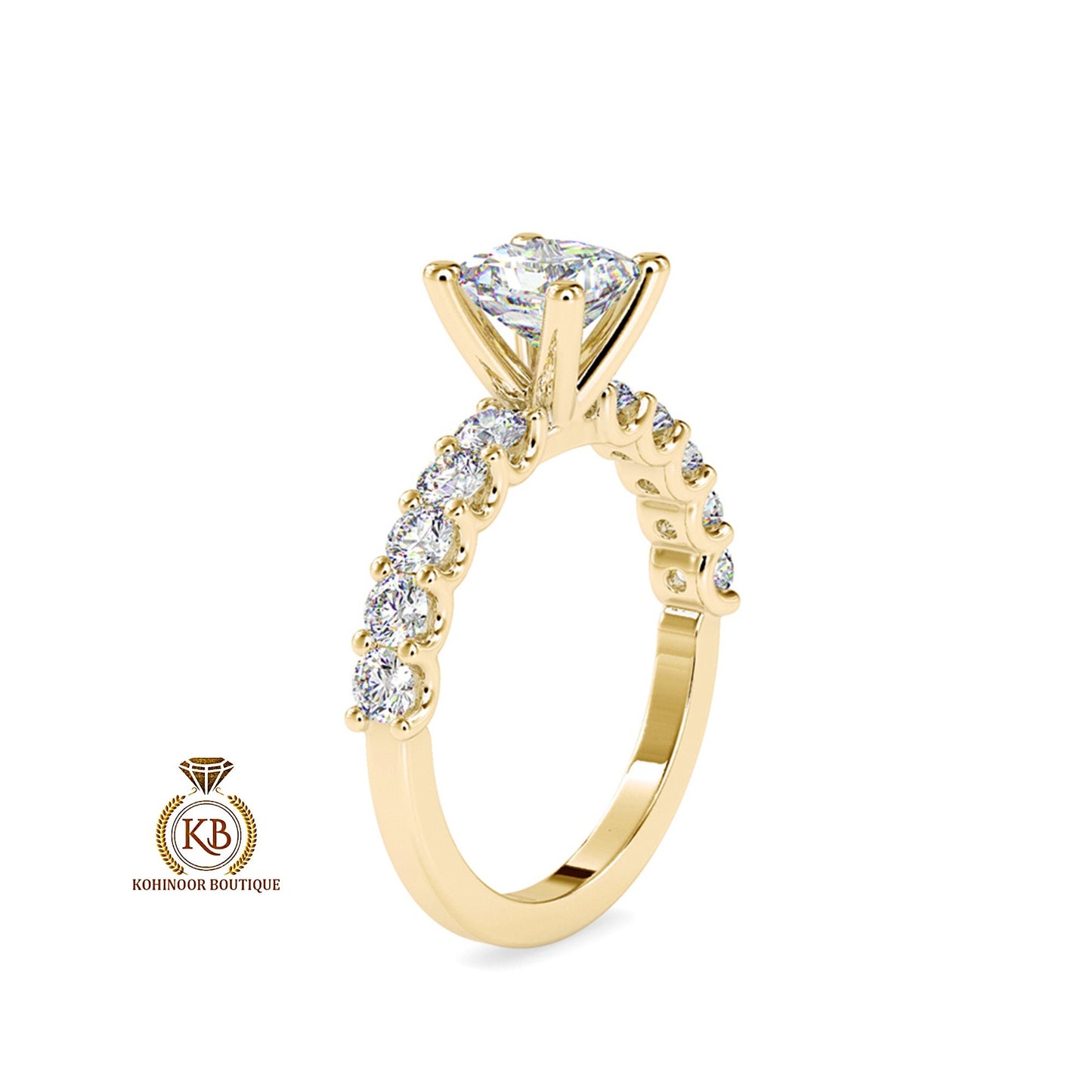 Princess Cut Solitaire with side U pave Band Moissanite Engagement ring, ring for her, gift for her