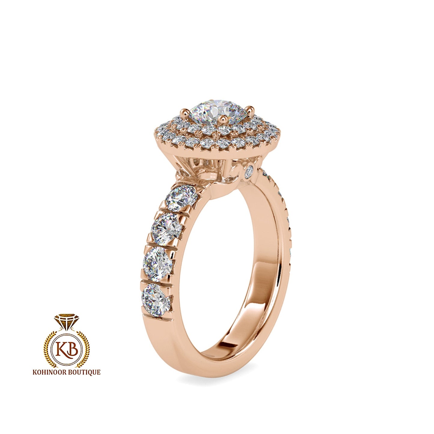 Vintage-inspired double halo Round cut Moissanite ring with french Pave band, cathedral set Engagement ring